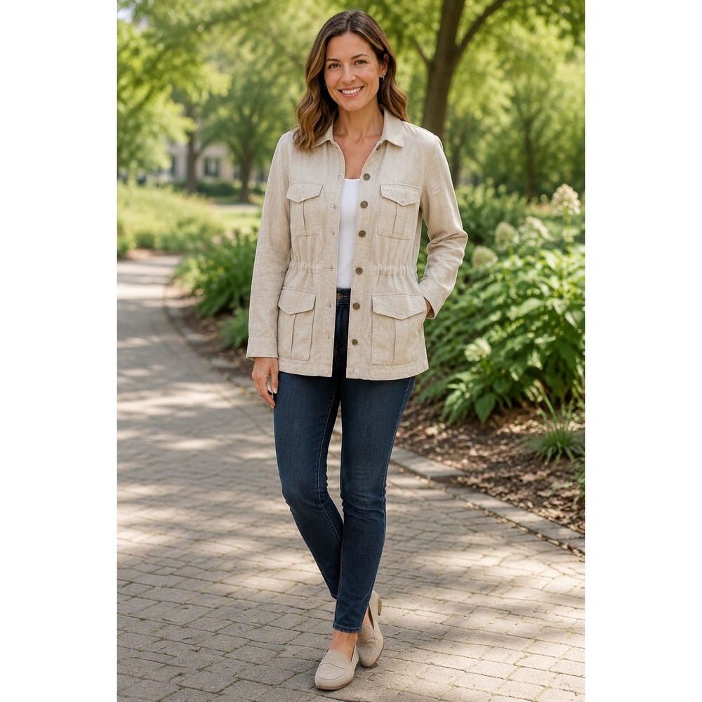 LANDS END 100% Linen Button Front Field Jacket Size 1X (16-18) Drawstring Waist